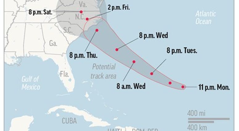 Map shows probable path of Hurricane Florence. ; 1c x 3 inches; 46.5 mm x 76 mm;
