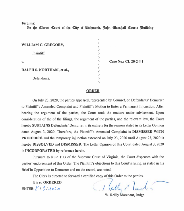 Plaintiff William C. Gregory had argued the state agreed to “faithfully guard” and “affectionately protect” the towering statue on historic Monument Avenue. Plaintiff William C. Gregory had argued the state agreed to “faithfully guard” and “affectionately protect” the towering statue on historic Monument Avenue.