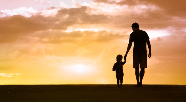 Father and son walking at sunset
