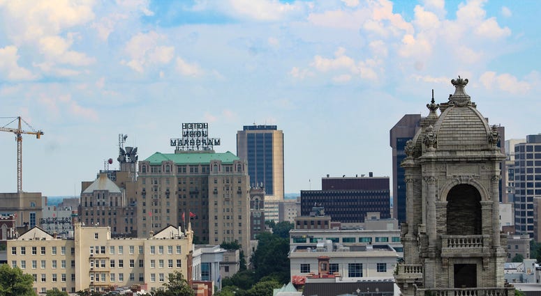 Skyline view of downtown Richmond Virginia from a rooftop patio