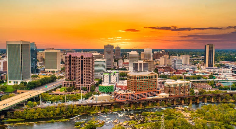 Richmond, Virginia, USA Drone Skyline Aerial at Sunset