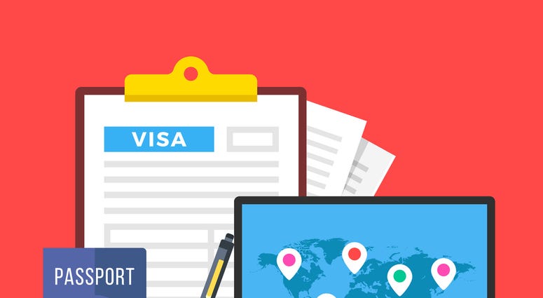 Visa application. Clipboard with visa application form, passport, pen and laptop with map of the world and map markers.