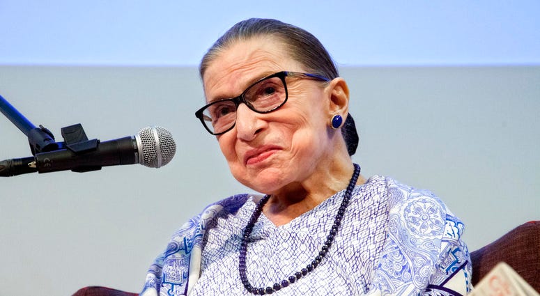 FILE - In this July 5, 2018 file photo, US Supreme Court Justice Ruth Bader Ginsburg speaks after the screening of "RBG," the documentary about her, in Jerusalem. (AP Photo/Caron Creighton, File)