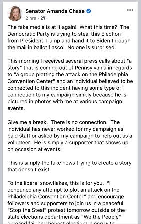 Seantor Amanda Chase Facebook post. (Facebook) Seantor Amanda Chase Facebook post. (Facebook)