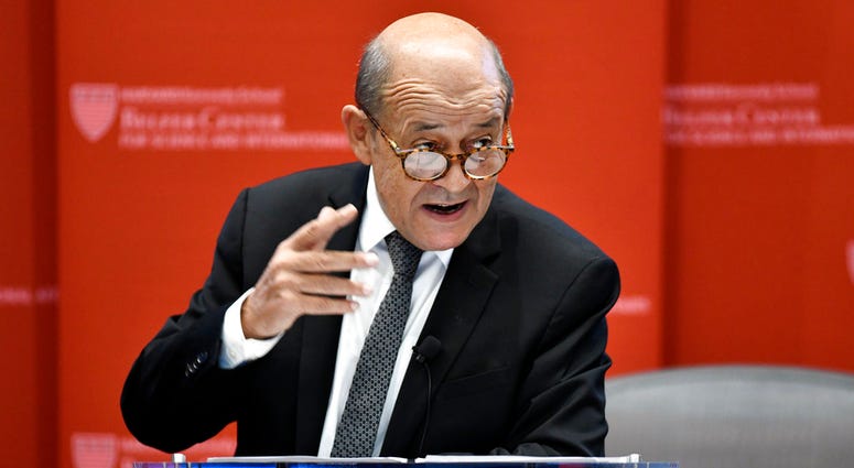 French Foreign Affairs Minister Jean-Yves Le Drian speaks at the Kennedy School of Government at Harvard University in Cambridge, Mass., on Friday, Sept. 28, 2018. Le Drian said France's leaders are proposing a new international coalition to revive global