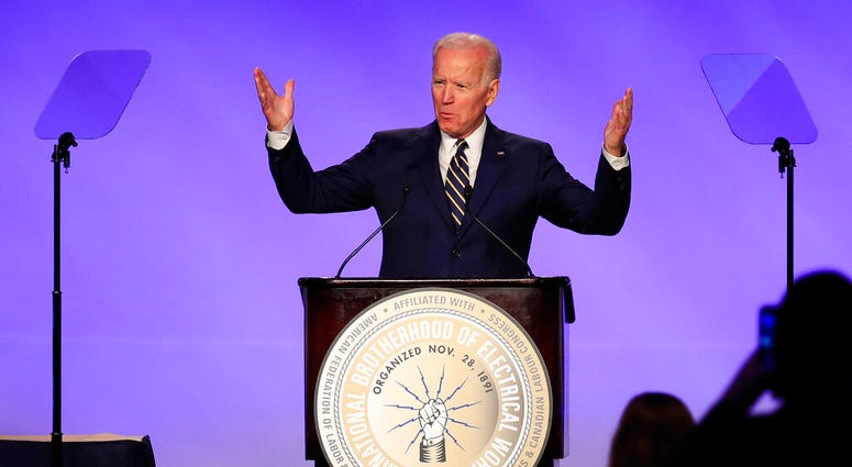 Former Vice President Joe Biden speaks at the IBEW Construction and Maintenance Conference in Washington, Friday, April 5, 2019. (AP Photo/Manuel Balce Ceneta)