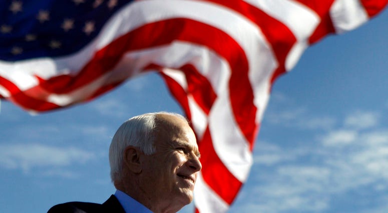 FILE - In this Nov. 3, 2008, file photo, Republican presidential candidate Sen. John McCain, R-Ariz., speaks at a rally in Tampa, Fla. Aide says senator, war hero and GOP presidential candidate McCain died Saturday, Aug. 25, 2018. He was 81. (AP Photo/Car