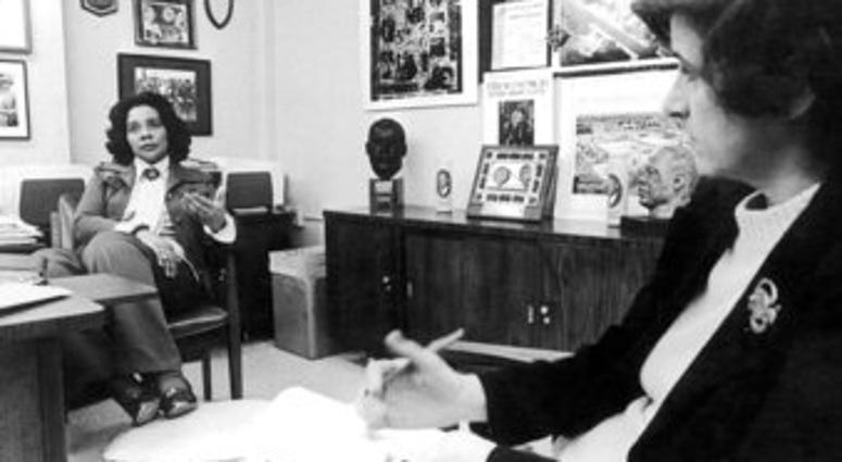 FILE - In this 1968 file photo, Associated Press reporter Kathryn Johnson, right, interviews Coretta Scott King in her office in Atlanta. Johnson, a trailblazing reporter for The Associated Press, died at the age of 93. (AP Photo, File)