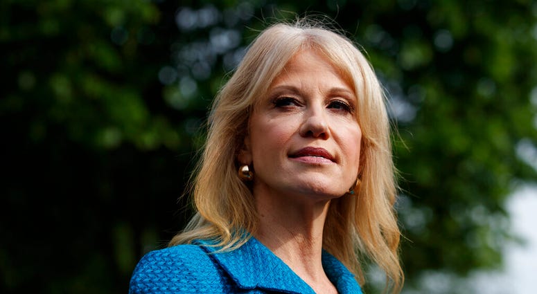 In this April 30, 2019 photo, White House counselor Kellyanne Conway talks with reporters outside the White House in Washington. (AP Photo/Evan Vucci)