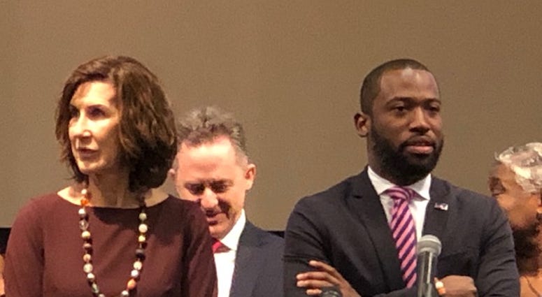 Leslie Haley of the Chesterfield County Board of Supervisors and Richmond Mayor Levar Stoney prepare to discuss coronavirus on Friday, March 13, 2020. (Matt Demlein/News Radio WRVA) Leslie Haley of the Chesterfield County Board of Supervisors and Richmond Mayor Levar Stoney prepare to discuss coronavirus on Friday, March 13, 2020. (Matt Demlein/News Radio WRVA)