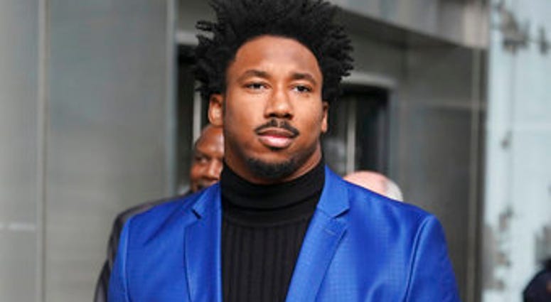 Cleveland Browns star defensive end Myles Garrett leaves an office building in New York, Wednesday, Nov. 20, 2019. (AP Photo/Seth Wenig) Cleveland Browns star defensive end Myles Garrett leaves an office building in New York, Wednesday, Nov. 20, 2019. (AP Photo/Seth Wenig)