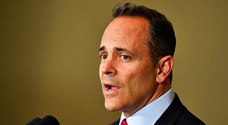FILE - In this Nov. 6, 2019, file photo, Kentucky Gov. Matt Bevin announces his intent to call for a recanvass of the voting results from Tuesday's gubernatorial elections during a press conference. (AP Photo/Timothy D. Easley, File)