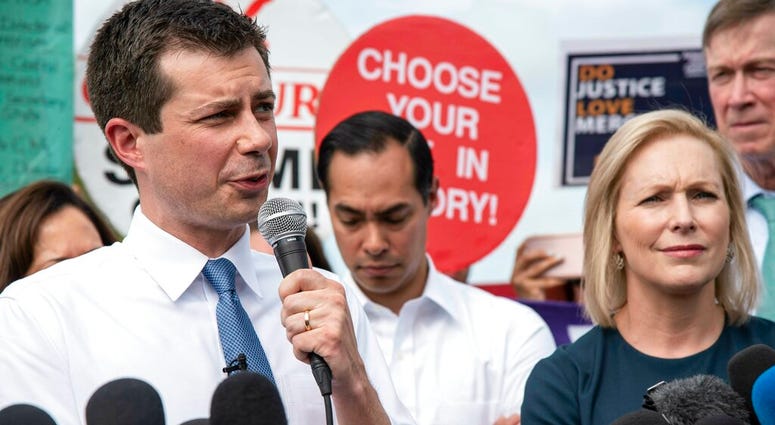 Democratic presidential candidate and South Bend, Ind., Mayor Pete Buttigieg, speaks outside the Homestead Detention Center, Friday, June 28, 2019, where the U.S. is detaining migrant teens in Homestead, Fla. (Jennifer King/Miami Herald via AP)