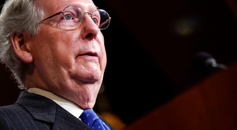 Senate Majority Leader Mitch McConnell of Ky., speaking to members of the media at the Capitol in Washington, Wednesday, Nov. 7, 2018. (AP Photo/Pablo Martinez Monsivais)