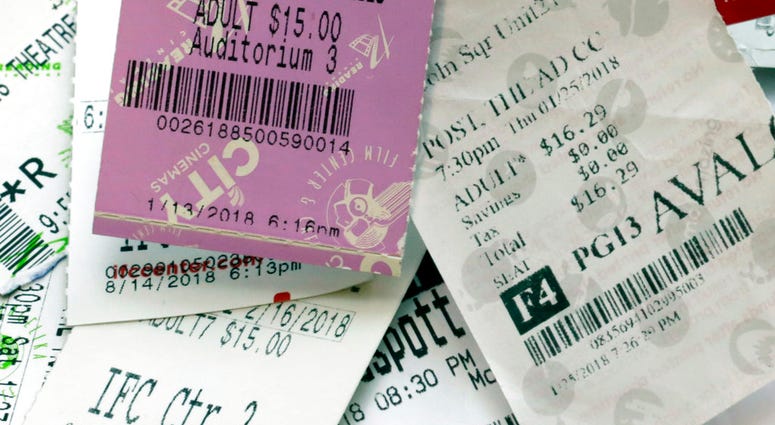 FILE- This Aug. 23, 2018, file photo shows movie ticket stubs in New York. A Turkish startup is offering a movie a day in theaters for $30 a month. It’s three times what MoviePass had charged for a similar plan. But that was financially unsustainable, as