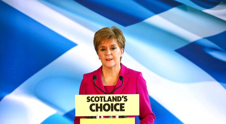 Scottish First Minister Nicola Sturgeon speaks to supporters in Edinburgh, Scotland, Dec. 13, 2019. Prime Minister Boris Johnson has led his Conservative Party to a landslide victory in Britain’s election dominated by Brexit. (Jane Barlow/PA via AP) Scottish First Minister Nicola Sturgeon speaks to supporters in Edinburgh, Scotland, Dec. 13, 2019. Prime Minister Boris Johnson has led his Conservative Party to a landslide victory in Britain’s election dominated by Brexit. (Jane Barlow/PA via AP)