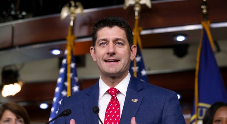 Speaker of the House Paul Ryan, R-Wis., flanked by Rep. Cathy McMorris Rodgers, R-Wash., left, and Rep. Mia Love, R-Utah, talks to reporters following a GOP strategy session on Capitol Hill in Washington, Tuesday, July 17, 2018. Responding to questions ab