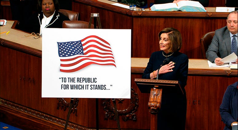 House Speaker Nancy Pelosi of Calif., speaks as the House of Representatives debates the articles of impeachment against President Donald Trump at the Capitol in Washington, Wednesday, Dec. 18, 2019. (House Television via AP) House Speaker Nancy Pelosi of Calif., speaks as the House of Representatives debates the articles of impeachment against President Donald Trump at the Capitol in Washington, Wednesday, Dec. 18, 2019. (House Television via AP)