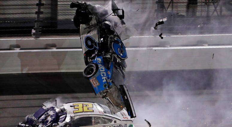 Ryan Newman (6) goes airborne after crashing into Corey LaJoie (32) during the NASCAR Daytona 500 auto race Monday, Feb. 17, 2020, at Daytona International Speedway in Daytona Beach, Fla. Sunday's running of the race was postponed. (AP Photo/Chris O'Meara Ryan Newman (6) goes airborne after crashing into Corey LaJoie (32) during the NASCAR Daytona 500 auto race Monday, Feb. 17, 2020, at Daytona International Speedway in Daytona Beach, Fla. Sunday's running of the race was postponed. (AP Photo/Chris O'Meara