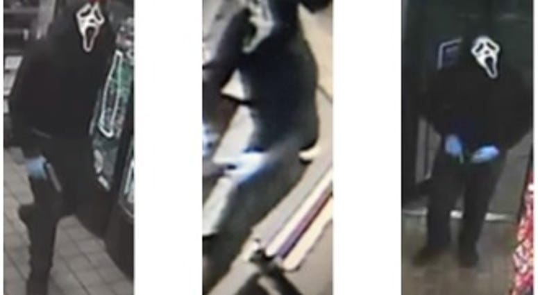 The FBI is offering a $10,000 reward for information leading to arrest of man who robbed three gas stations wearing "Scream" mask. (FBI)