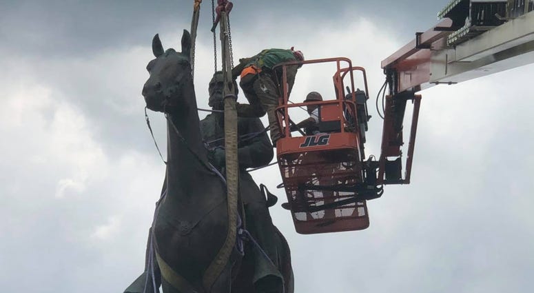 Preparations underway on July 1 to remove the Stonewall Jackson monument on Monument Avenue in Richmond. (Photo Credit: Matt Demlein WRVA) Preparations underway on July 1 to remove the Stonewall Jackson monument on Monument Avenue in Richmond. (Photo Credit: Matt Demlein WRVA)