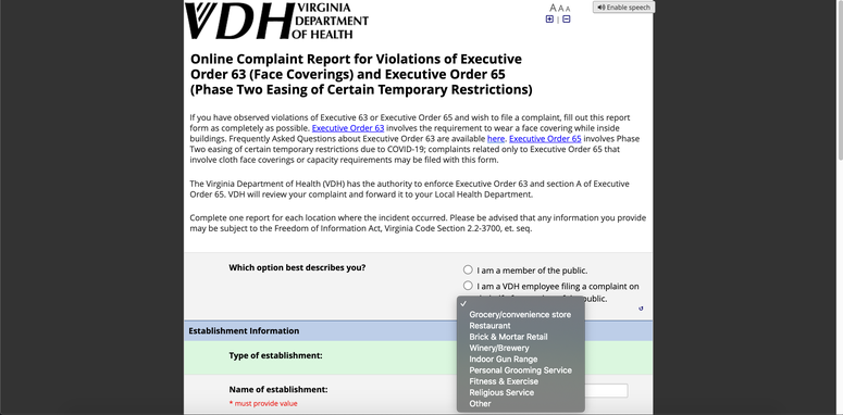 VA Department of Health form