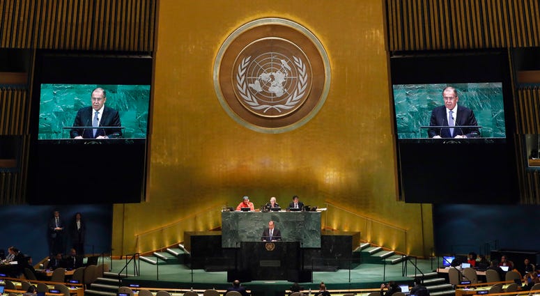 Russia's Foreign Minister Sergey Lavrov addresses the 73rd session of the United Nations General Assembly, at U.N. headquarters, Friday, Sept. 28, 2018. (AP Photo/Richard Drew)