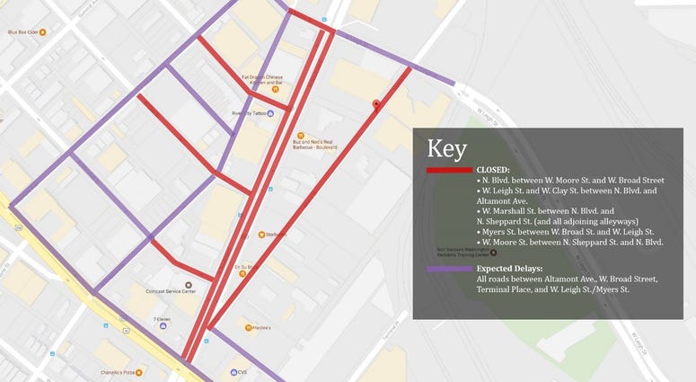 Map of street closures for Shamrock the Block on Saturday, March 16th, 2019. (Richmond Police)