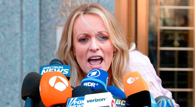 In this April 16, 2018 photo, adult film actress Stormy Daniels outside federal court in New York. Stormy Daniels filed a defamation complaint in federal court in New York on Monday. At issue is a tweet Trump made in which he dismissed a composite sketch