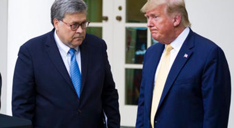 FILE - In this July 11, 2019, file photo, Attorney General William Barr, left, and President Donald Trump turn to leave after speaking in the Rose Garden of the White House, in Washington. (AP Photo/Alex Brandon, File) FILE - In this July 11, 2019, file photo, Attorney General William Barr, left, and President Donald Trump turn to leave after speaking in the Rose Garden of the White House, in Washington. (AP Photo/Alex Brandon, File)