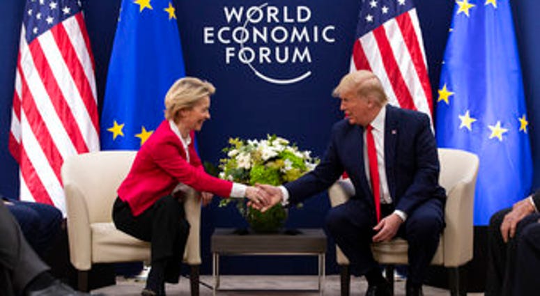 President Donald Trump meets with European Commission President Ursula von Der Leyen at the World Economic Forum, Tuesday, Jan. 21, 2020, in Davos, Switzerland. (AP Photo/ Evan Vucci) President Donald Trump meets with European Commission President Ursula von Der Leyen at the World Economic Forum, Tuesday, Jan. 21, 2020, in Davos, Switzerland. (AP Photo/ Evan Vucci)