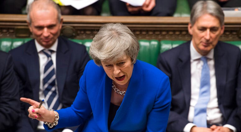 Britain's Prime Minister Theresa May speaks during a debate before a no-confidence vote. (Mark Duffy, UK Parliament via AP)