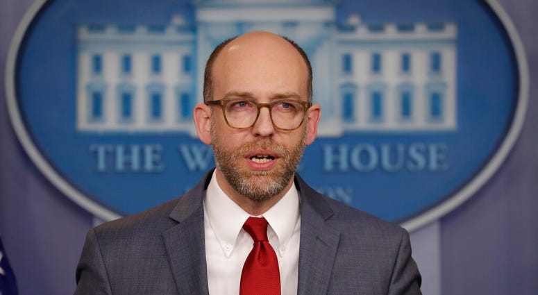 Acting OMB Director Russ Vought speaks during a press briefing at the White House, Monday, March 11, 2019, in Washington. (AP Photo/ Evan Vucci)