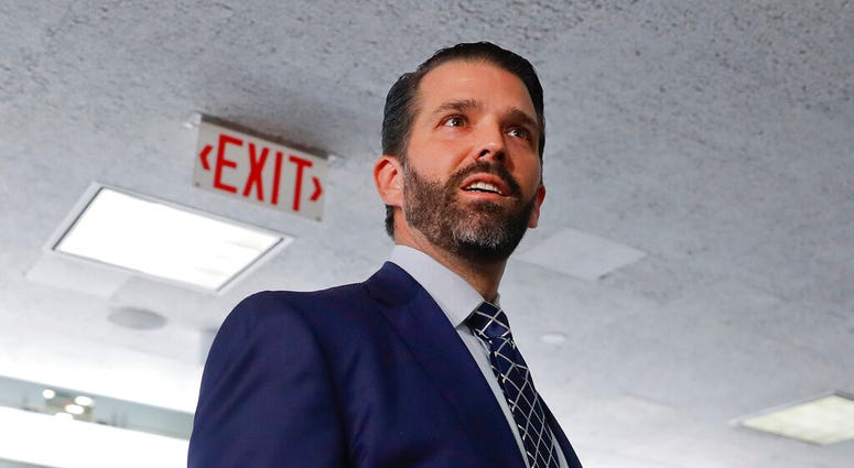 Donald Trump Jr., the son of President Donald Trump, is seen leaving after having met privately with members of the Senate Intelligence Committee on Capitol Hill on Washington, Wednesday, June 12, 2019 (AP Photo/Pablo Martinez Monsivais)