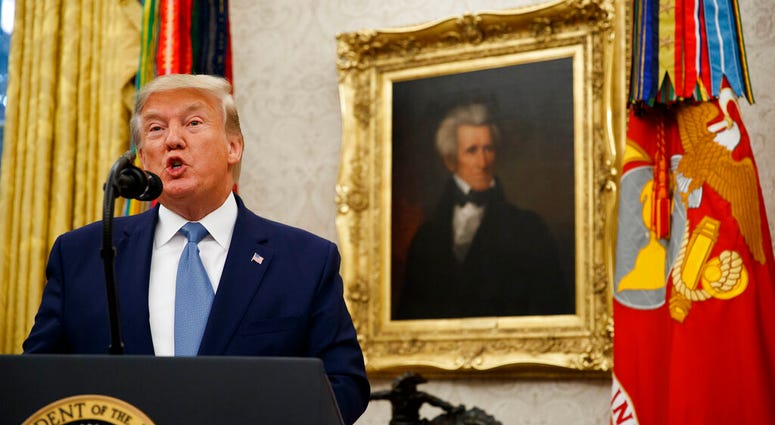President Donald Trump speaks during a ceremony to present the Presidential Medal of Freedom to former Attorney General Edwin Meese, in the Oval Office of the White House, Tuesday, Oct. 8, 2019, in Washington. (AP Photo/Alex Brandon)