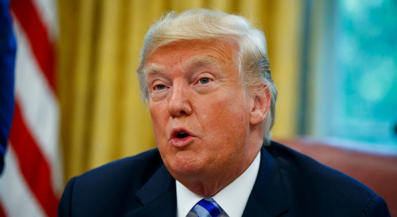 FILE - In this Tuesday, Aug. 28, 2018, file photo, President Donald Trump speaks during a meeting in the Oval Office of the White House, in Washington. Lawyers for Trump have asked a judge to dismiss a lawsuit brought against his charitable foundation by