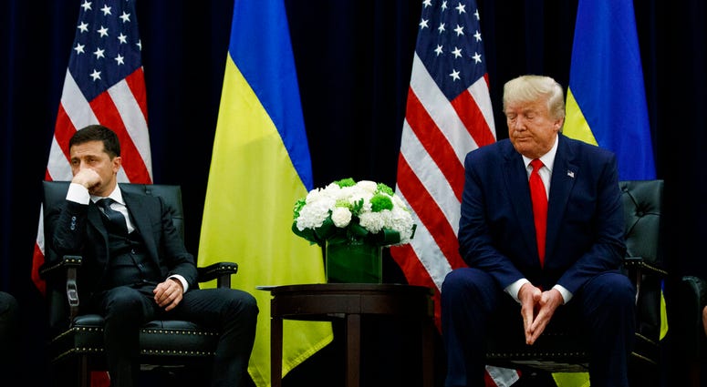 President Donald Trump meets with Ukrainian President Volodymyr Zelenskiy at the InterContinental Barclay New York hotel during the United Nations General Assembly, Wednesday, Sept. 25, 2019, in New York. (AP Photo/Evan Vucci)
