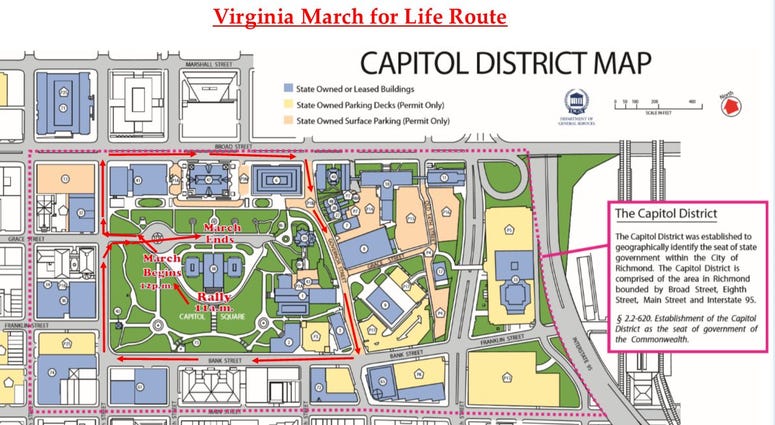 Map of the route for the March for Life, which is scheduled to take place Wednesday, April 3rd. (Virginia March for Life)