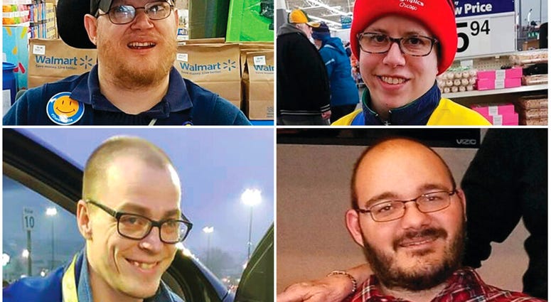 This combination of images shows Walmart greeters among disabled employees threatened with job loss as Walmart transforms the position into one that’s more physically demanding. (Rachel Wasser/Tamara Ambrose/Gina Hopkins/Holly Catlin via AP)