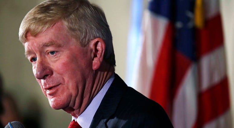 Former Massachusetts Gov. William Weld addresses a gathering during a New England Council 'Politics & Eggs' breakfast in Bedford, N.H., Friday, Feb. 15, 2019. Weld announced he's creating a presidential exploratory committee for a run in the 2020 election