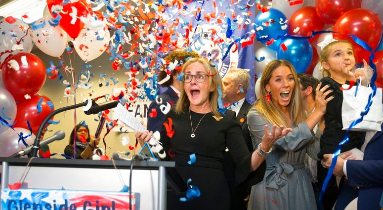 Democrat Madeleine Dean celebrates after winning Pennsylvania's 4th Congressional District race, in Fort Washington, Pa., Tuesday, Nov. 6, 2018. (Charles Fox/The Philadelphia Inquirer via AP)