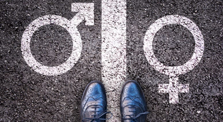 Legs with gender symbol on asphalt, gender concept