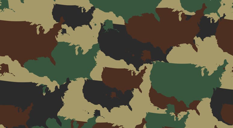 Military camouflage pattern. Seamless camo in different colors. Vector military print USA map. Army woodland camo.