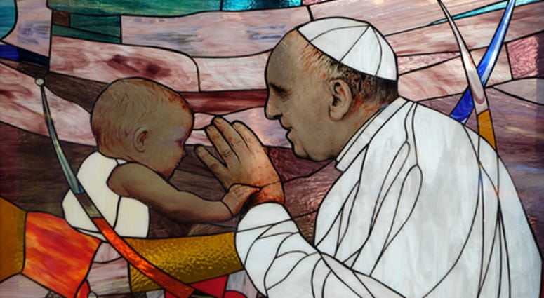 Pope Francis, stained glass window in St Paul`s Cathedral in Tirana, Albania.