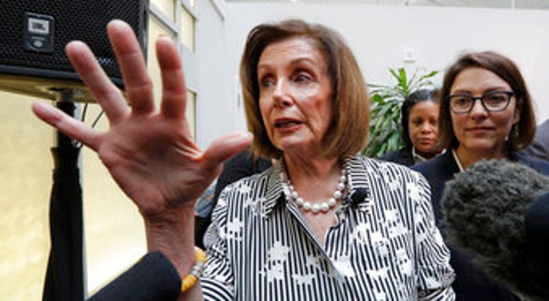 Speaker of the House Nancy Pelosi, D-Calif., left, speaks with media members with Rep. Suzan DelBene, D-Wash., after they spoke about lowering the cost of prescription drug prices. (AP Photo/Elaine Thompson)