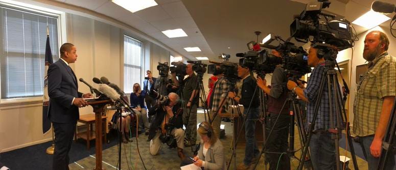 Lieutenant Governor Justin Fairfax address reporters on April 3, 2019. (Matt Demlein, WRVA)