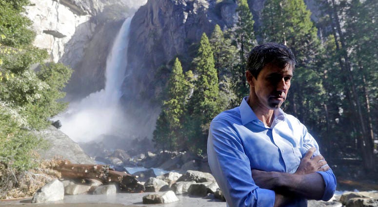 Democratic presidential candidate and former Texas congressman Beto O'Rourke listens to environmental advocates Monday, April 29, 2019, in Yosemite National Park, Calif. (AP Photo/Marcio Jose Sanchez)