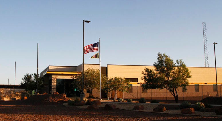 This June 20, 2019, file frame from video shows the entrance of a Border Patrol station in Clint, Texas. (AP Photo/Cedar Attanasio, File)