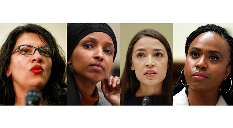 In this combination image from left; Rep. Rashida Tlaib, D-Mich., July 10, 2019, Washington, Rep. Ilhan Omar, D-Minn., March 12, 2019, in Washington, Rep. Alexandria Ocasio-Cortez, D-NY., July 12, 2019, in Washington, and Rep. Ayanna Pressley, D-Mass., Ju