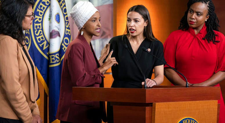 rom left, Rep. Rashida Tlaib, D-Mich., Rep. Ilhan Omar, D-Minn., Rep. Alexandria Ocasio-Cortez, D-N.Y., and Rep. Ayanna Pressley, D-Mass., respond to remarks by President Donald Trump after his call for the four Democratic congresswomen to go back to thei